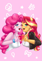 Size: 2100x3000 | Tagged: safe, alternate version, artist:albertbm, imported from derpibooru, pinkie pie, sunset shimmer, equestria girls, blushing, bust, clothes, duo, heart hands, implied shipping