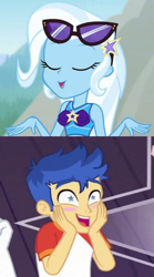 Size: 792x1428 | Tagged: safe, edit, edited screencap, imported from derpibooru, screencap, flash sentry, trixie, equestria girls, equestria girls series, forgotten friendship, spring breakdown, clothes, comparison, eyes closed, female, male, sentrixie, shipping, shipping domino, starry eyes, straight, sunglasses, sunglasses on head, swimsuit, wingding eyes