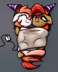 Size: 1902x2364 | Tagged: safe, artist:jetwave, imported from derpibooru, oc, oc only, oc:chip breeze, oc:dala vault, earth pony, pony, blanket, blushing, cuddling, cute, daaaaaaaaaaaw, duo, earth pony oc, eyes closed, female, hat, lesbian, lying down, mare, one eye closed, party hat, pillow