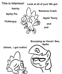 Size: 800x959 | Tagged: safe, artist:velgarn, imported from derpibooru, spike, twilight sparkle, dragon, pony, bridle gossip, black and white, funny, grayscale, implied applejack, implied fluttershy, implied pinkie pie, implied rainbow dash, implied rarity, laughing, monochrome, pingas, simple background, twilight flopple, white background