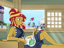 Size: 2048x1536 | Tagged: safe, artist:batipin, applejack, fluttershy, pinkie pie, rainbow dash, rarity, sunset shimmer, twilight sparkle, equestria girls, :3, beach, camera, cellphone, female, glasses, jumping, mane six, nintendo switch, phone, running, sandals, sitting, smartphone, solo focus, sunset sushi, wetsuit