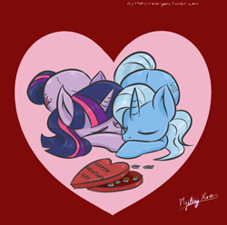 Size: 1240x1232 | Tagged: safe, artist:mysteryrose, edit, imported from derpibooru, trixie, twilight sparkle, pony, unicorn, chocolate, duo, eyes closed, female, food, heart, holiday, lesbian, mare, red background, shipping, simple background, sleeping, twixie, unicorn twilight, valentine's day