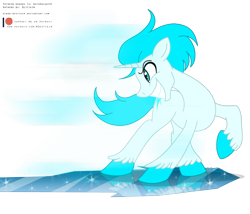 Size: 3657x3129 | Tagged: safe, artist:niban-destikim, imported from derpibooru, oc, oc only, oc:cryo, pony, unicorn, floppy ears, grin, high res, ice, looking back, male, one hoof raised, patreon, patreon logo, patreon reward, raised hoof, simple background, sliding, smiling, solo, stallion, transparent background, unshorn fetlocks