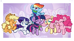 Size: 4551x2560 | Tagged: dead source, safe, artist:php142, artist:purpleflix, imported from derpibooru, applejack, fluttershy, pinkie pie, rainbow dash, rarity, twilight sparkle, alicorn, earth pony, pegasus, pony, unicorn, :p, applejack's hat, book, chest fluff, chibi, cowboy hat, cute, dashabetes, diapinkes, ear fluff, eyes closed, freckles, happy birthday mlp:fim, hat, jackabetes, mane six, mlp fim's tenth anniversary, one eye closed, open mouth, raised hoof, raised leg, raribetes, shyabetes, tongue out, twiabetes, twilight sparkle (alicorn), wink, zoom layer