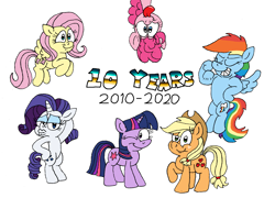 Size: 3099x2234 | Tagged: safe, artist:dragonboi471, imported from derpibooru, applejack, fluttershy, pinkie pie, rainbow dash, rarity, twilight sparkle, pony, happy birthday mlp:fim, mane six, mlp fim's tenth anniversary, simple background, white background