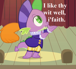 Size: 792x720 | Tagged: safe, edit, edited screencap, imported from derpibooru, screencap, spike, hearth's warming eve (episode), clothes, costume, cropped, hamlet, hat, reaction image, ruff (clothing), shakespeare, speech, talking, william shakespeare