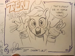 Size: 2048x1530 | Tagged: safe, artist:andypriceart, imported from derpibooru, applejack, lyra heartstrings, earth pony, pony, andy you magnificent bastard, anniversary, clothes, countryisms, dialogue, edi, female, gloves, hand, happy birthday mlp:fim, hat, implied lyra, mare, mlp fim's tenth anniversary, pencil drawing, solo, speech bubble, that pony sure does love hands, traditional art, y'all