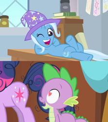 Size: 1280x1440 | Tagged: safe, edit, edited screencap, imported from derpibooru, screencap, spike, trixie, twilight sparkle, dragon, pony, unicorn, a horse shoe-in, friendship is magic, female, heart eyes, male, mare, shipping, shipping domino, spixie, straight, wingding eyes