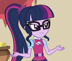 Size: 1212x1034 | Tagged: safe, edit, edited screencap, editor:mycarhasamoustache, imported from derpibooru, screencap, sci-twi, twilight sparkle, equestria girls, movie magic, spoiler:eqg specials, cropped, smile edit, solo