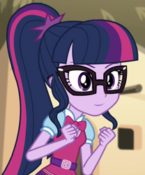 Size: 874x1048 | Tagged: safe, edit, edited screencap, editor:mycarhasamoustache, imported from derpibooru, screencap, sci-twi, twilight sparkle, equestria girls, movie magic, spoiler:eqg specials, cropped, smile edit, solo