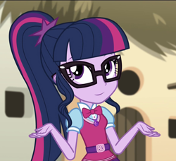 Size: 1184x1080 | Tagged: safe, edit, edited screencap, editor:mycarhasamoustache, imported from derpibooru, screencap, sci-twi, twilight sparkle, equestria girls, movie magic, spoiler:eqg specials, cropped, smile edit, solo