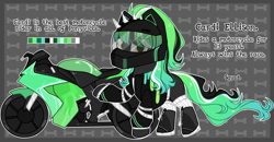 Size: 3555x1851 | Tagged: safe, artist:bad_trip, imported from derpibooru, oc, oc only, oc:cardi ellison, earth pony, pony, bone, boots, clothes, female, helmet, jacket, leather jacket, mare, motorcycle, multicolored hair, raised hoof, shirt, shoes, socks, solo, t-shirt