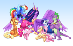 Size: 3776x2395 | Tagged: safe, artist:scarlet-spectrum, imported from derpibooru, applejack, fluttershy, pinkie pie, rainbow dash, rarity, spike, twilight sparkle, alicorn, dragon, earth pony, pegasus, pony, unicorn, the last problem, applejack's hat, blue eyes, colored pupils, cowboy hat, crown, female, flying, folded wings, gigachad spike, gradient background, green eyes, happy birthday mlp:fim, hat, height difference, high res, hoof shoes, horn, jewelry, large wings, long horn, male, mane seven, mane six, mare, mlp fim's tenth anniversary, multicolored hair, multicolored mane, multicolored tail, older, older applejack, older fluttershy, older mane seven, older mane six, older pinkie pie, older rainbow dash, older rarity, older spike, older twilight, open mouth, open smile, peytral, physique difference, pink mane, pink tail, princess twilight 2.0, purple eyes, rainbow hair, rainbow tail, regalia, sitting, slim, smiling, speedpaint available, spread wings, tail, thin, twilight sparkle (alicorn), wall of tags, winged spike, wings