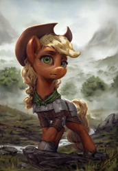 Size: 825x1200 | Tagged: safe, artist:assasinmonkey, imported from derpibooru, applejack, earth pony, pony, armor, cowboy hat, digital painting, female, fog, forest, freckles, happy birthday mlp:fim, hat, mare, mlp fim's tenth anniversary, mountain, solo, stetson, technical advanced, valley