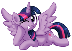 Size: 1280x908 | Tagged: safe, artist:aleximusprime, imported from derpibooru, twilight sparkle, alicorn, pony, cute, cutie mark, female, horn, looking at you, lying down, mare, on side, one eye closed, side, simple background, smiling, solo, spread wings, transparent background, twiabetes, twilight sparkle (alicorn), wings, wink