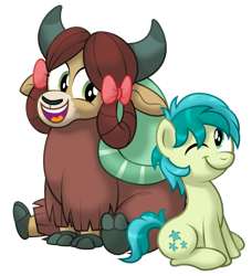 Size: 1280x1401 | Tagged: safe, artist:aleximusprime, imported from derpibooru, sandbar, yona, earth pony, yak, cute, female, looking at each other, male, one eye closed, sandabetes, shipping, simple background, sitting, smiling, straight, transparent background, wink, yonabar, yonadorable