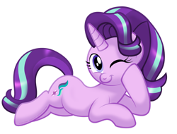 Size: 1280x974 | Tagged: safe, artist:aleximusprime, imported from derpibooru, starlight glimmer, pony, cute, female, glimmerbetes, looking at you, lying down, mare, on side, one eye closed, side, simple background, solo, transparent background, wink