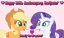 Size: 1146x693 | Tagged: safe, artist:raritybro, derpibooru exclusive, imported from derpibooru, applejack, rarity, earth pony, unicorn, female, happy birthday mlp:fim, lesbian, mlp fim's tenth anniversary, ms paint, rarijack, shipping, silly, smiling, text, tongue out