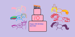 Size: 1360x674 | Tagged: safe, artist:twilyisbestpone, imported from derpibooru, applejack, fluttershy, pinkie pie, rainbow dash, rarity, twilight sparkle, alicorn, earth pony, pegasus, pony, unicorn, :3, applejack's hat, birthday cake, cake, cowboy hat, female, food, happy birthday mlp:fim, hat, horrible, mare, mlp fim's tenth anniversary, purple background, simple background, smiling, stick pony, stylistic suck, twilight sparkle (alicorn), wings