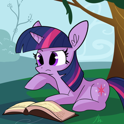 Size: 3000x3000 | Tagged: safe, artist:tjpones, imported from derpibooru, twilight sparkle, pony, unicorn, friendship is magic, book, cute, female, happy birthday mlp:fim, hoof on chin, lying down, mare, mlp fim's tenth anniversary, prone, reading, scene interpretation, solo, twiabetes, unicorn twilight