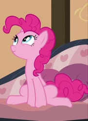 Size: 781x1080 | Tagged: safe, imported from derpibooru, screencap, pinkie pie, pony, pinkie apple pie, couch, cropped, cute, cute eyes, diapinkes, female, happy, looking up, mare, sitting, smiling, solo