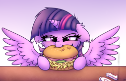 Size: 2800x1800 | Tagged: safe, artist:heavymetalbronyyeah, imported from derpibooru, twilight sparkle, alicorn, pony, :t, blushing, borgarposting, burger, candle, cheek fluff, cute, ear fluff, ear tufts, eating, female, floppy ears, fluffy, food, glare, gradient background, happy birthday mlp:fim, hay burger, herbivore, leg fluff, lidded eyes, mare, mlp fim's tenth anniversary, nom, smiling, smirk, solo, spread wings, table, that pony sure does love burgers, tomato, twiabetes, twilight burgkle, twilight sparkle (alicorn), wing fluff, wings