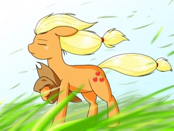 Size: 2048x1536 | Tagged: safe, artist:batipin, imported from derpibooru, applejack, earth pony, pony, eyes closed, female, grass, mare, outdoors, solo, wind, windswept mane