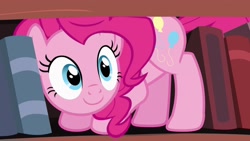 Size: 1920x1080 | Tagged: safe, imported from derpibooru, screencap, pinkie pie, earth pony, pony, pinkie apple pie, book, bookcase, bookshelf, cute, diapinkes, female, golden oaks library, mare, pinkie being pinkie, smiling, smiling at you, solo