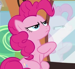 Size: 1174x1080 | Tagged: safe, imported from derpibooru, screencap, pinkie pie, party pooped, cropped, female, reflection, sitting, solo, train