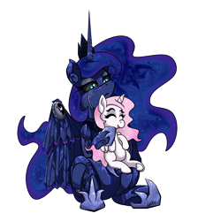 Size: 1920x2147 | Tagged: safe, artist:ghouleh, imported from derpibooru, princess celestia, princess luna, alicorn, pony, robot, robot pony, alternate design, alternate timeline, alternate universe, cewestia, crown, ethereal mane, female, filly, filly celestia, jewelry, luna petting goose, lunabotic, luxuriant, mare, mechanical, princess, princess lunabot, regalia, simple background, sitting on lap, starry mane, transparent background, younger