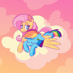 Size: 1280x1280 | Tagged: safe, artist:ponett, imported from derpibooru, fluttershy, rainbow dash, pegasus, pony, blushing, cloud, cute, dashabetes, ear fluff, evening, eyeshadow, female, flutterdash, folded wings, heart eyes, hug, lesbian, lying down, makeup, mare, shipping, shyabetes, sky, sleeping, spread wings, unshorn fetlocks, wingding eyes, winghug, wings