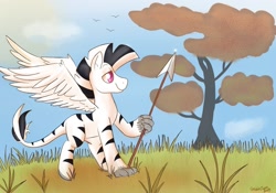 Size: 1750x1225 | Tagged: safe, imported from derpibooru, oc, oc only, oc:calypso, hippogriff, hybrid, zebra, grass, solo, spear, tree, weapon, zebra oc