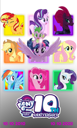 Size: 5139x8514 | Tagged: safe, artist:ejlightning007arts, imported from derpibooru, applejack, fizzlepop berrytwist, fluttershy, pinkie pie, rainbow dash, rarity, spike, starlight glimmer, sunset shimmer, tempest shadow, twilight sparkle, alicorn, dragon, earth pony, pegasus, pony, unicorn, 10, 2010, 2020, applejack's hat, armor, broken horn, counterparts, cowboy hat, custom, eyes closed, group, happy, happy birthday mlp:fim, hat, horn, irl, mane seven, mane six, mlp fim's tenth anniversary, one eye closed, open mouth, photo, poster, spread wings, toy, twilight sparkle (alicorn), twilight's counterparts, wings, wink