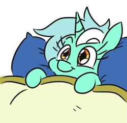 Size: 517x498 | Tagged: safe, artist:jargon scott, imported from derpibooru, lyra heartstrings, pony, unicorn, :t, bed, blanket, cute, female, lying down, lyrabetes, mare, mimir, on back, pillow, simple background, smiling, solo, white background
