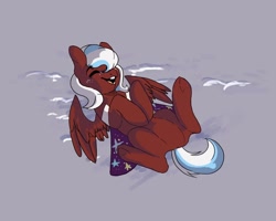 Size: 1000x800 | Tagged: safe, imported from derpibooru, oc, oc:cosmic feathers, pegasus, cape, clothes, cute, featureless crotch, happy, on back, pegasus oc, wings