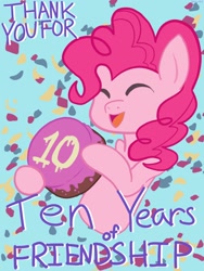 Size: 1536x2048 | Tagged: safe, artist:shiiiny, imported from derpibooru, pinkie pie, earth pony, pony, birthday cake, cake, confetti, eyes closed, female, food, frosting, g4, happy birthday mlp:fim, mare, mlp fim's tenth anniversary, open mouth, solo