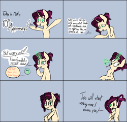 Size: 3000x2882 | Tagged: safe, artist:pinkberry, imported from derpibooru, oc, oc only, oc:mulberry merlot, pony, unicorn, blush sticker, blushing, comic, female, freckles, happy birthday mlp:fim, heart, magic, mare, mlp fim's tenth anniversary, pills, solo, solo female, talking, tattoo