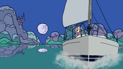 Size: 1920x1080 | Tagged: safe, artist:vulchrys, imported from derpibooru, fluttershy, pegasus, pony, canterlot, happy birthday mlp:fim, mare in the moon, mlp fim's tenth anniversary, moon, newbie artist training grounds, photoshop, reflection, sailboat, solo, trace