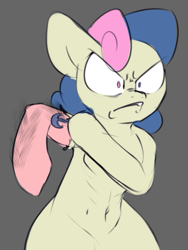 Size: 567x756 | Tagged: safe, artist:lockheart, imported from derpibooru, bon bon, sweetie drops, earth pony, pony, angry, belly button, female, floppy ears, gray background, hairy arms, heterochromia, imminent beatdown, mare, muscles, muscular female, popeye, scrunchy face, simple background, solo, tattoo