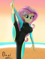 Size: 2500x3300 | Tagged: safe, artist:danielitamlp, imported from derpibooru, fluttershy, equestria girls, barefoot, beach, breasts, busty fluttershy, clothes, feet, female, flexible, fluttershy's wetsuit, high res, looking at you, ocean, pose, sand, smiling, solo, swimsuit, vertical split, wetsuit