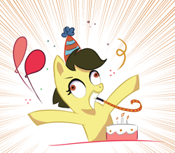 Size: 792x694 | Tagged: safe, artist:camaleao, imported from derpibooru, oc, oc only, earth pony, pony, balloon, cake, derp, food, happy birthday mlp:fim, hat, mlp fim's tenth anniversary, party, party hat, party horn, solo