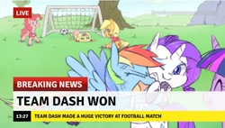 Size: 713x404 | Tagged: safe, artist:raridashdoodles, edit, imported from derpibooru, applejack, fluttershy, pinkie pie, rainbow dash, rarity, twilight sparkle, earth pony, pegasus, pony, unicorn, break your own news, breaking news, football, mane six, sports