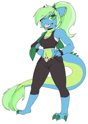 Size: 2428x3412 | Tagged: safe, artist:lockheart, imported from derpibooru, oc, oc only, oc:campfire, anthro, dracony, dragon, hybrid, pony, belly button, clothes, female, fingerless gloves, gloves, grin, horns, lidded eyes, midriff, sharp teeth, simple background, smiling, solo, sports bra, tail, teeth, towel, white background