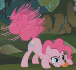 Size: 637x588 | Tagged: safe, imported from derpibooru, screencap, pinkie pie, earth pony, pony, bridle gossip, season 1, animated, balloonbutt, butt, butt shake, cropped, female, gif, mare, narrowed eyes, plot, solo, spitty pie, tail, tail twirl, tongue out