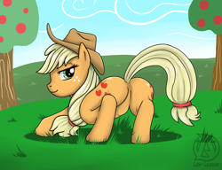 Size: 920x706 | Tagged: safe, alternate version, artist:lewlegend, imported from derpibooru, applejack, earth pony, pony, apple, apple tree, applebutt, ass up, bedroom eyes, both cutie marks, butt, cowboy hat, crouching, cutie mark, digital art, featureless crotch, female, food, hat, looking at you, looking back, looking back at you, mare, plot, solo, tail, tree
