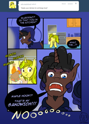 Size: 796x1106 | Tagged: safe, artist:lewlegend, imported from derpibooru, oc, oc only, oc:sketchpad, pony, unicorn, ass up, butt, caught, clothes, comic, cutie mark, digital art, eating, food, glowing horn, horn, magic, open mouth, plot, refrigerator, sandwich, shocked, speech bubble, tail, text