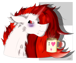 Size: 2171x1781 | Tagged: safe, artist:thebenalpha, imported from derpibooru, oc, oc:ryoku memori, alicorn, alicorn oc, bloodshot eyes, coffee, coffee mug, cutie mark, horn, mug, ryoku verse, simple background, tired, wings