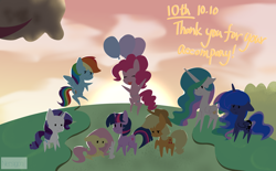 Size: 3996x2480 | Tagged: safe, artist:nersigon, imported from derpibooru, angel bunny, applejack, fluttershy, pinkie pie, princess celestia, princess luna, rainbow dash, rarity, twilight sparkle, alicorn, earth pony, pegasus, pony, unicorn, happy birthday mlp:fim, mane six, mlp fim's tenth anniversary, pointy ponies, sunset