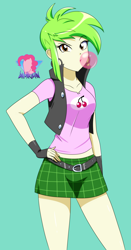 Size: 2234x4248 | Tagged: safe, artist:danmakuman, imported from derpibooru, cherry crash, equestria girls, belt, blowing bubbles, bubblegum, clothes, ear piercing, earring, female, fingerless gloves, food, gloves, gum, hand on hip, jewelry, legs, looking at you, miniskirt, piercing, simple background, skirt, solo, teal background, thighs, vest