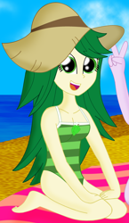 Size: 1982x3407 | Tagged: safe, artist:cyber-murph, imported from derpibooru, sweet leaf, equestria girls, background human, beach, breasts, busty sweet leaf, cleavage, clothes, cropped, female, green swimsuit, hat, jewelry, leaf, looking back, midriff, solo, solo female, swimsuit, towel